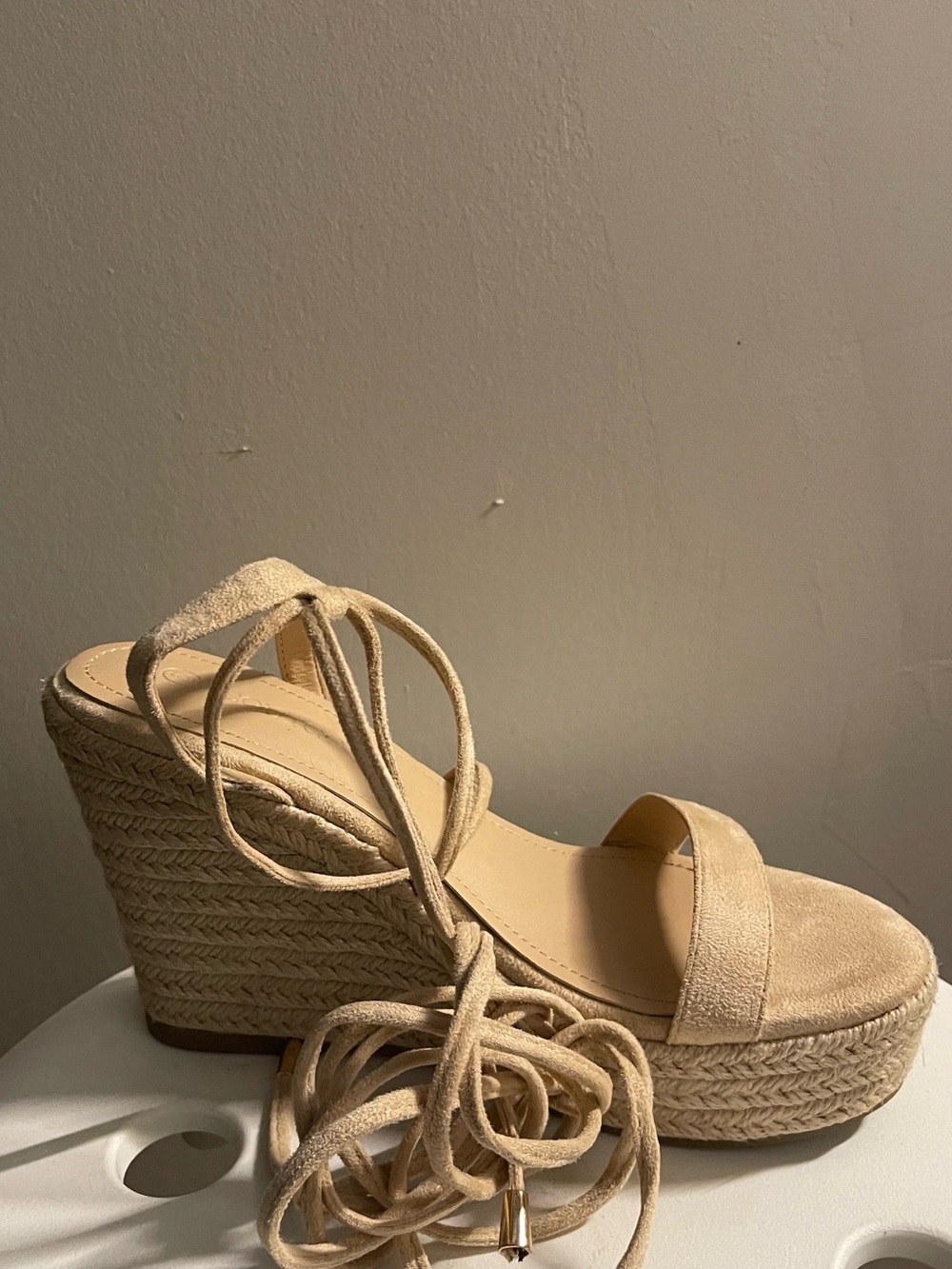 Beige Espadrille Wedge Sandals with Ankle Wrap